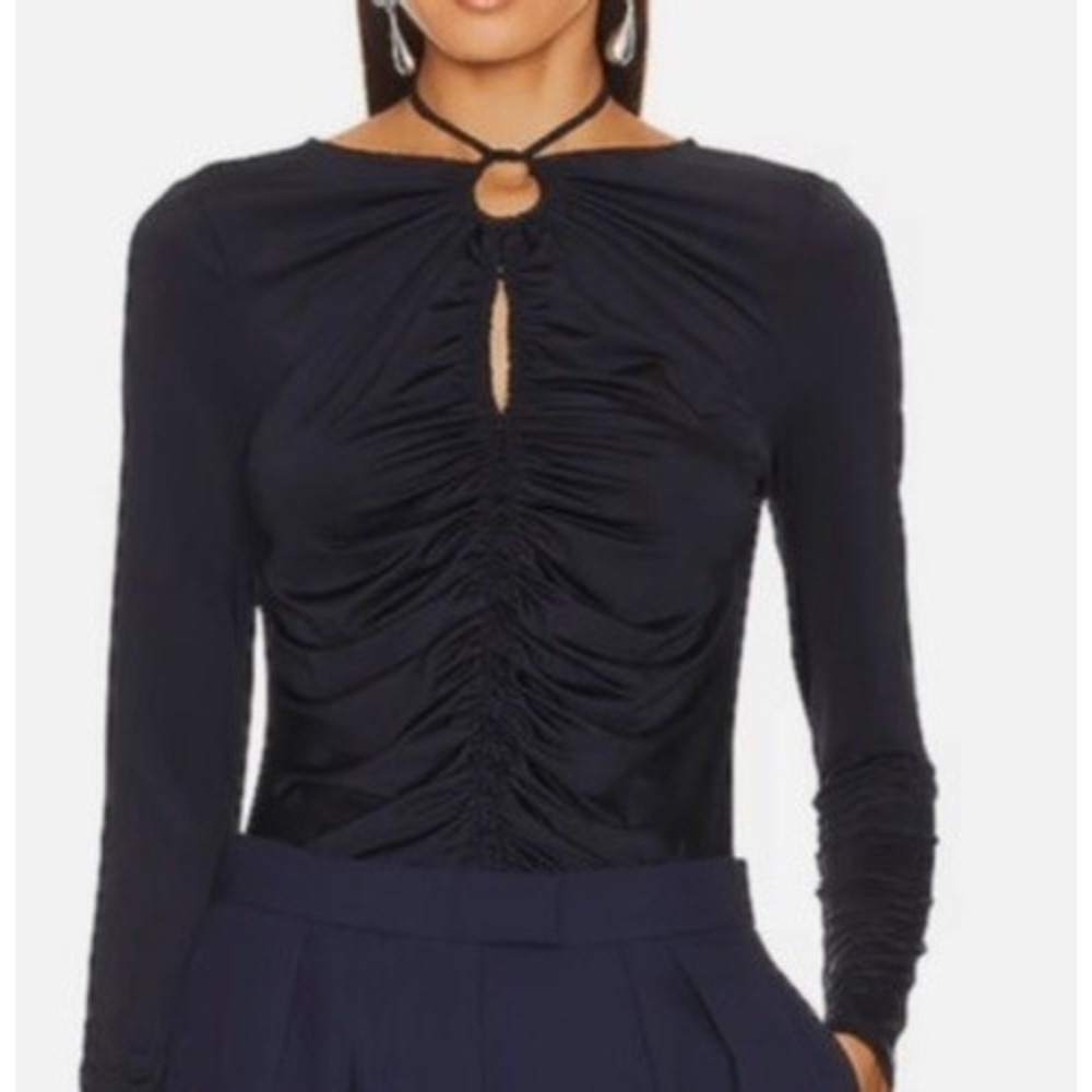 Veronica Beard Navy Blue Ruched Tie Neck Long Sleeve Top Size 2